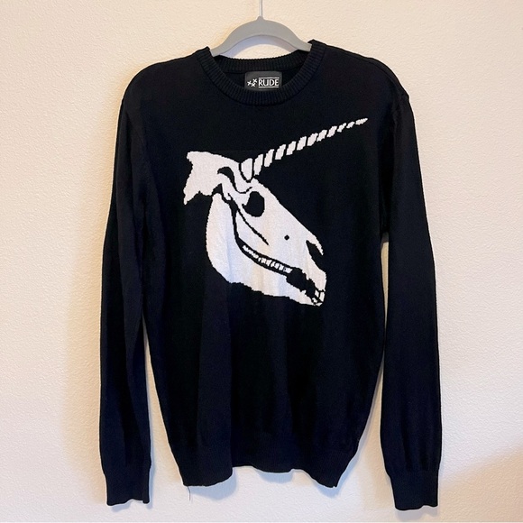 RUDE Unicorn skull pullover sweater, black and white, size M - Picture 3 of 11